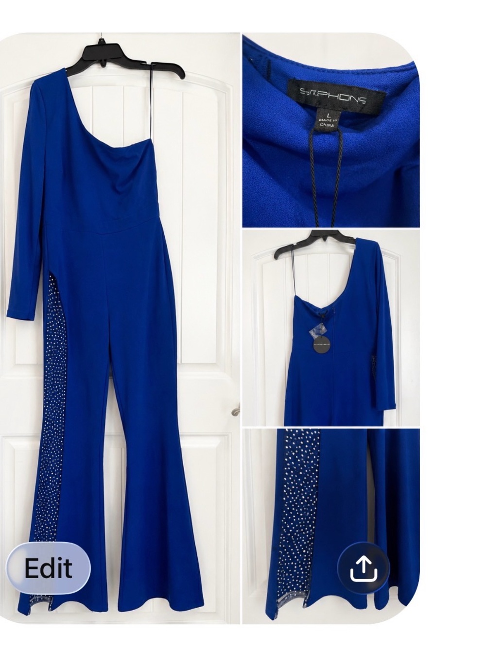 Symphony Royal Blue One-Shoulder Boot-Cut Jumpsuit with Embellished Side Panels